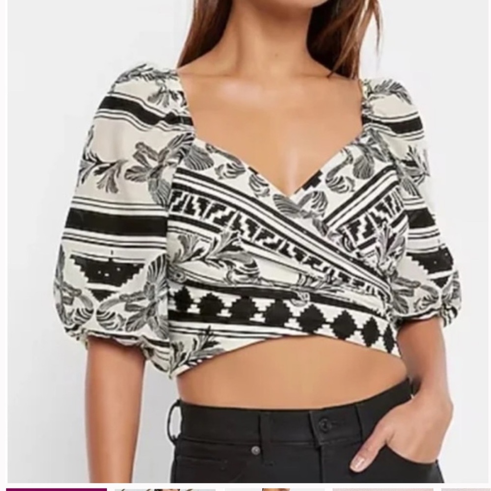 Express Black and White Floral Wrap Blouse